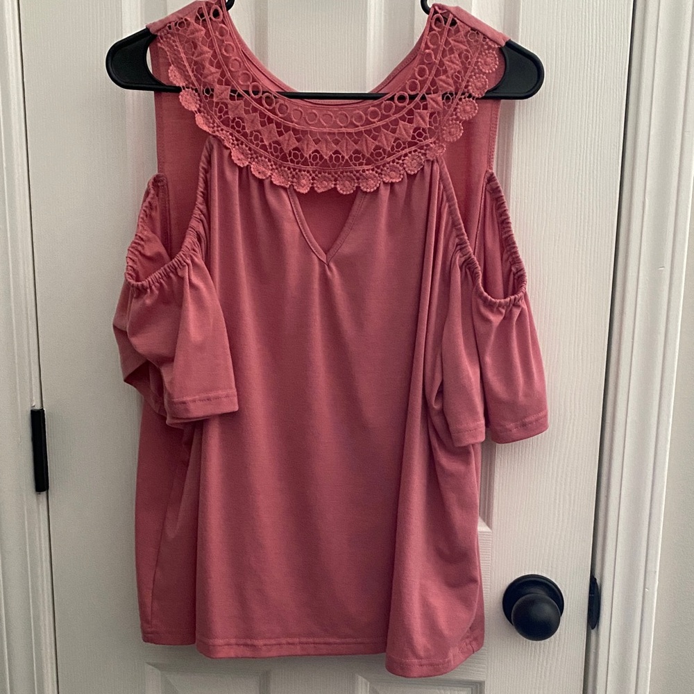 SHEIN Pink Lace Cold Shoulder Blouse